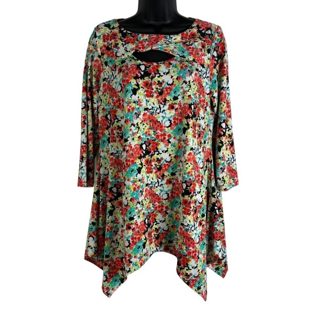 Valerie Stevens Women's Tops Multicolor Sz Sm Tunic Blouse Keyhole Cutout Floral